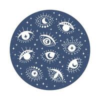 Hand drawn evil eye flat illustration. Magic witchcraft third eye with moon phases on blue background. Occult symbol. For esoteric t-shirt print, mystical card, boho poster. vector