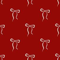 Hand drawn charming bows pattern. Cute ribbon bow drawing. Whimsical bows on red background. Coquette style illustration. Rococo print for fabric, wrapping paper, textile vector
