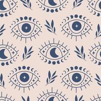 Boho seamless pattern. Hand drawn evil eye flat illustration. Magic witchcraft third eye with moon phases on blue background. For celestial print, fabric, wallpaper, textile, magical decor. vector