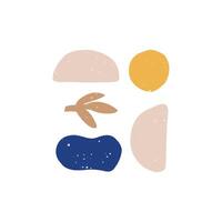 Abstract modern art composition hand drawn illustration. Minimalistic leaf and colorful shapes isolated on white background. Stylish minimalistic doodle drawing, artistic design element vector