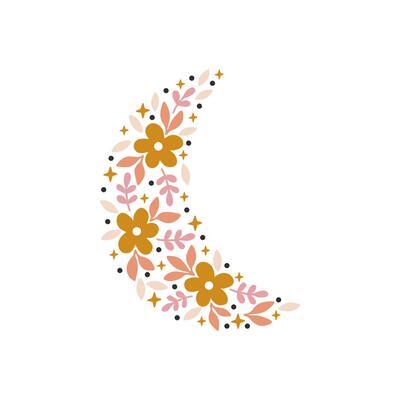 Floral crescent moon illustration. Hand-drawn boho symbol with flowers and leaves on white background. Decorative element for t shirt print, poster, invitation, greeting card, textiles, blog, logo.