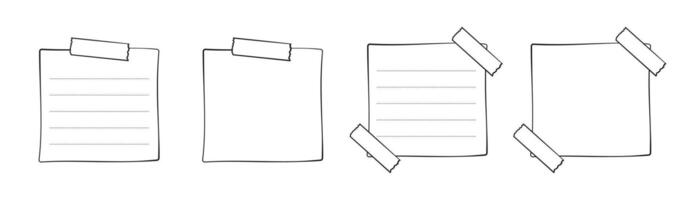 Hand drawn memo paper sheet frame template, sticky note, reminder, to do list, sticky tape. Bullet journal elements in line art doodle style. vector
