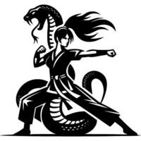 Sport emblem of Kung Fu athlete imitates snake movement in monochrome. Engraving minimalistic image in black ink drawing on white background vector