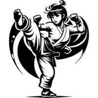 Tattoo emblem of girl dressed in kimono practicing karate in monochrome. Engraving minimalistic image in black ink drawing on white background vector