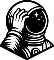 Sketchy cosmic emblem of astronaut thoughtfully scratches the back of his head with his hand in monochrome. Engraving minimalistic image in black ink drawing on white background vector