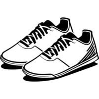 Sport emblem of pair of athletic running training shoes in monochrome. Engraving minimalistic image in black ink drawing on white background vector