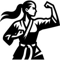 Sport emblem of karate girl puts a block with her hand in a defensive stance in monochrome. Engraving minimalistic image in black ink drawing on white background vector