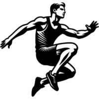 Sport emblem of parkour man jumping over an obstacle in monochrome. Engraving minimalistic image in black ink drawing on white background vector