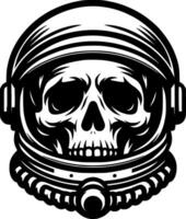 Sketchy cosmic emblem of human skull wearing astronaut pressurized helmet front view in monochrome. Engraving minimalistic image in black ink drawing on white background vector