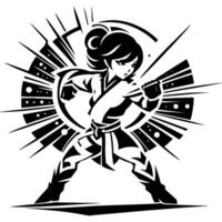 Tattoo emblem of girl warrior stylized as a computer game concentrates striking force for an attack in monochrome. Engraving minimalistic image in black ink drawing on white background vector