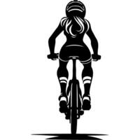 Sketchy sport emblem of sportswoman cyclist girl riding a bicycle view from the back from behind in monochrome. Engraving minimalistic image in black ink drawing on white background vector