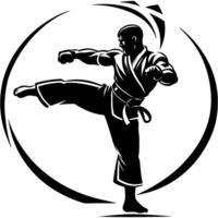 Tattoo emblem of karateka delivers a side kick in monochrome. Engraving minimalistic image in black ink drawing on white background vector