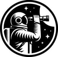 Sketchy cosmic emblem of astronaut confidently looks through telescope studying horizon of an unknown planet in monochrome. Engraving minimalistic image in black ink drawing on white background vector