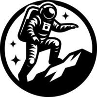 Sketchy cosmic emblem of astronaut discoverer climbs to top of alien mountain in monochrome. Engraving minimalistic image in black ink drawing on white background vector