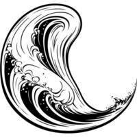 Sketchy engraving emblem of tsunami wave in the form of a drop of water in monochrome. Engraving minimalistic image in black ink drawing on white background vector