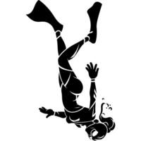 Sketchy engraving emblem of brave girl freediver dives to depth in mask and fins in monochrome. Engraving minimalistic image in black ink drawing on white background vector
