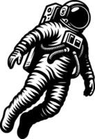 Sketchy cosmic emblem of astronaut floating in zero gravity in monochrome. Engraving minimalistic image in black ink drawing on white background vector