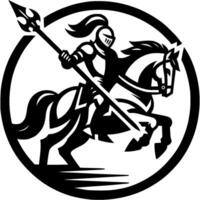 Tattoo emblem of knight armed with spear riding warhorse in monochrome. Engraving minimalistic image in black ink drawing on white background vector