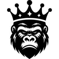 Tattoo of angry alpha male gorilla with crown on head in monochrome. Orangutan authority primate. Engraving minimalistic image in black ink drawing on white background vector