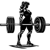 Sketchy engraving emblem of muscular powerlifter sportswoman performs training deadlift with heavy barbell in monochrome. Engraving minimalistic image in black ink drawing on white background vector