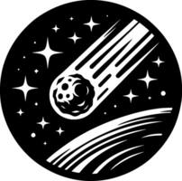 Sketchy cosmic emblem of comet flying over the surface of a planet in outer space in monochrome. Engraving minimalistic image in black ink drawing on white background vector