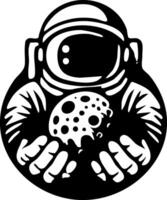 Sketchy cosmic emblem of scientist cosmonaut holds priceless meteorite in his hands in monochrome. Engraving minimalistic image in black ink drawing on white background vector