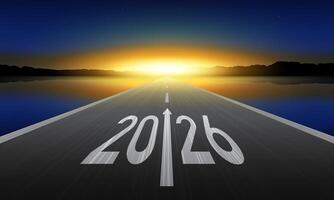 Happy New Year 2026 design with Text 2026 written on the road in the middle of asphalt road at sunrise. vector