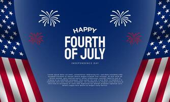 4th of July Independence Day background design with fireworks and waving flag illustration on blue background. vector