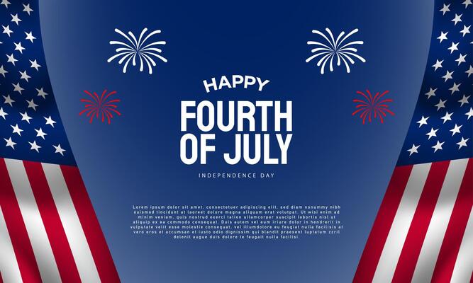 4th of July Independence Day background design with fireworks and waving flag illustration on blue background.