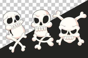 Fun and spooky flat Halloween skull set in cartoon style, featuring various creepy and cute skull faces. Perfect for decorations, invitations, or spooky design projects for Halloween. vector