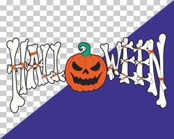 Clipart illustration of Halloween text made from tied bones with a pumpkin in the center. Transparent background, flat and spooky style, perfect for seasonal use and creepy party design elements vector