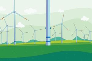 Flat illustration of wind turbines in a green field with hills and cloudy sky. Represents clean energy, eco-friendly solutions, and sustainable technology for environmental awareness. vector