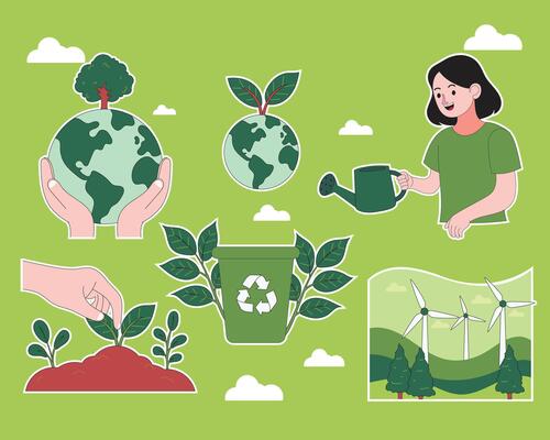 Flat style illustration featuring Earth care, green energy, recycling, and reforestation to celebrate Environment Day and promote sustainability, eco-awareness, and nature protection.