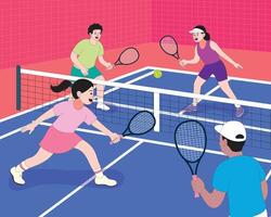 Fun flat illustration of people enjoying a pickleball game on court. Characters swinging paddles with energy and teamwork. Great for sports themes and active lifestyle visuals. vector