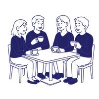 Four people sitting at table, drinking coffee and talking in simple line art. vector