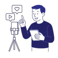 Man recording blog with smartphone on tripod, holding tablet. Social media concept. vector