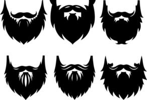 Six distinct black and white silhouette designs of beards, each with a unique shape and style. vector