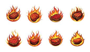 A set of six different types of meat on fire vector