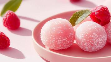 A pink plate with four raspberries and a leaf photo