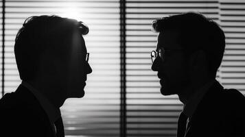 Two men in suits facing each other in front of blinds photo