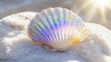 Close-up of a colorful seashell, displaying a rainbow of colors photo
