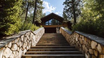 A stone staircase leads to a cabin in the woods photo