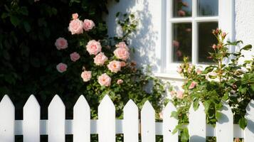 A white picketed fence with roses in front of a house photo