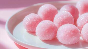 A plate of pink sugar balls on a pink background photo