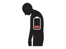 Silhouette of tired man with low battery icon isolated on white background. Concept of fatigue, burnout, exhaustion, energy depletion, stress overload, mental health awareness vector