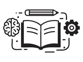 Black and white illustration of open book, pencil, brain, and gear, icon set for education, learning, knowledge, school, and study concepts, isolated on white background vector