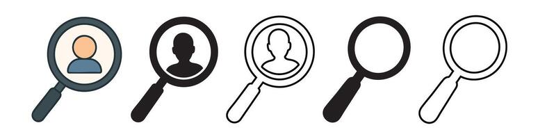 Set of magnifying glass icons featuring silhouette portraits and outlines, illustration, isolated on white background. concept of search, investigation, avatar, profile, online identity vector