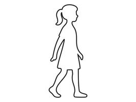 outline of girl walking in profile view, simple black silhouette on white background. Concept of child motion, educational design, pedestrian symbol, minimal art vector
