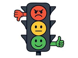 Funny cartoon traffic light with expressive faces and hand gestures on red yellow and green lights isolated on white background. Concept of emotion scale, behavior rating, children education vector