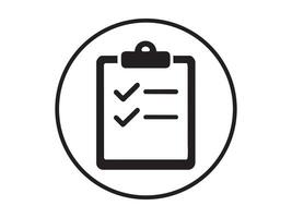 Black outline icon of clipboard with checklist and check marks inside circle on white background. Concept of task management, to do list, planning, productivity, organization tool vector